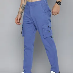 HERE&NOW Men Blue Solid Slim Fit Cargos Trousers-image-3