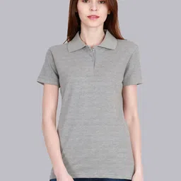 Fleximaa Women Grey Melange Polo Collar T-shirt-picture-29