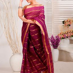 PuJoy Woven Design Zari Pure Cotton Taant Saree-image-97
