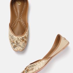 House of Pataudi Women Floral Sequin Embellished Leather Mojaris-50