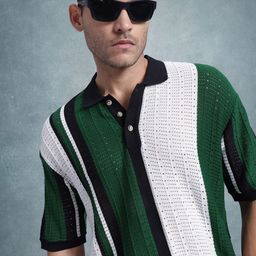 The Roadster Life Co. Open Knit Striped Polo Collar Pure Cotton T-shirt-image-88