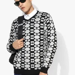 Grey Printed V Neck Sweater-image-21