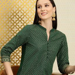 House of Pataudi Women Green Checked Embroidered Thread Work Kurta-picture-1