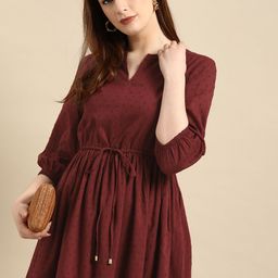 all about you Maroon Schifili V neck Gathered Pure Cotton Midi Dress-picture-26
