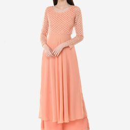 V&M Women Peach-Coloured Self Design Kurta with Palazzos-picture-21
