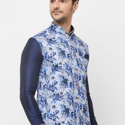 N Dot Men Blue & Grey Floral Printed Woven Nehru Jacket-image-41