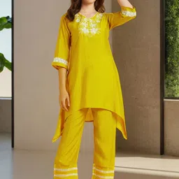Azira Embroidered V-Neck High-Low Embroidered Co-Ords Set-58