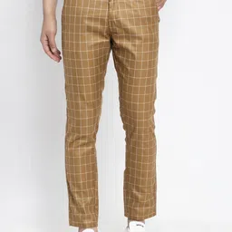 JAINISH Men Brown Slim Fit Checked Regular Trousers-image-8