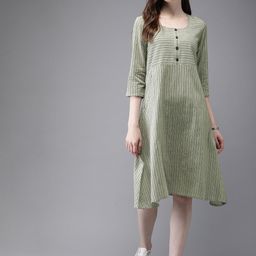 Anouk Women Olive Green & Off-White Printed A-Line Fusion Kurta-11