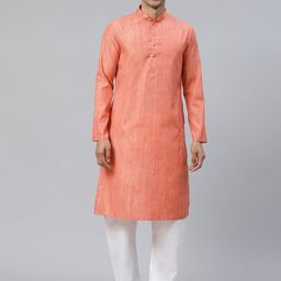 Manthan Men Coral Pink Woven Design Straight Kurta-image-42