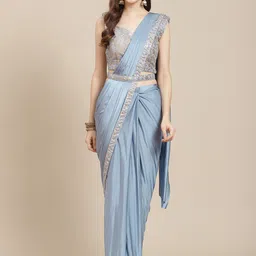 Grancy Turquoise Blue Beads and Stones Ready to Wear Saree-image-28