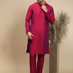 WHITE HEART Band Collar Straight Kurta With Pyjama-image-60