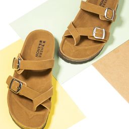 HERE&NOW Women Camel Brown One Toe Flats with Buckles-18