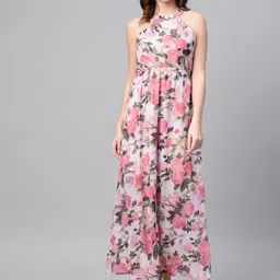 SASSAFRAS Cream-Coloured & Pink Floral Printed Maxi Dress-12