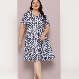Qurvii+ Plus Size Polka Dot Print Flared Sleeve Georgette A-Line Midi Dress-2
