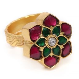 AccessHer Women Gold Plated & Pink Handcrafted Jadau Kundan Adjustable Finger Ring-29