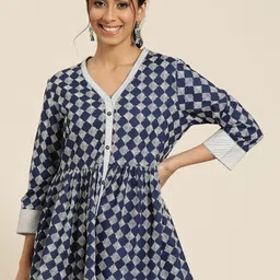 HERE&NOW Geometric Printed Kantha Work Pleated Kurti-image-45
