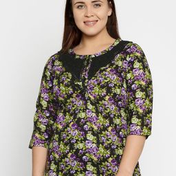 Style Quotient Black & Purple Floral Pure CottonPrint Plus Size Kurti-image-49