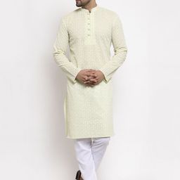 Jompers Men Green & White Embroidered Kurta with Pyjamas-9