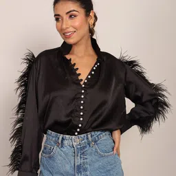 KAORI BY SHREYA AGARWAL Shirt Collar Cuffed Sleeves Satin Top-picture-20