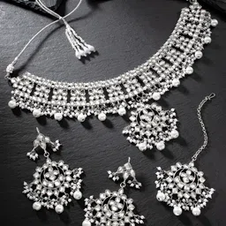 Peora White Silver-Plated Kundan Embellished Jewellery Set-image-1