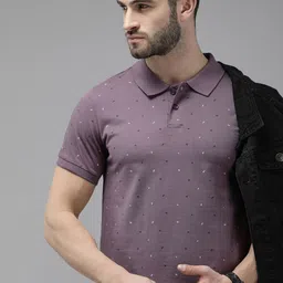 The Roadster Lifestyle Co Men Mauve Printed Pure Cotton Polo Collar T-shirt-image-89