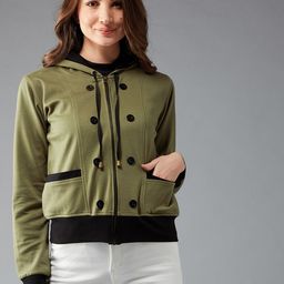 DOLCE CRUDO Women Olive Green Colourblocked Hooded Jacket-image-42