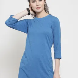 Kalt Women Blue Solid Round Neck T-shirt-image-80