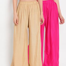 TAG 7 Women Pack Of 2 Pink & Beige Solid Flared Palazzos-image-49