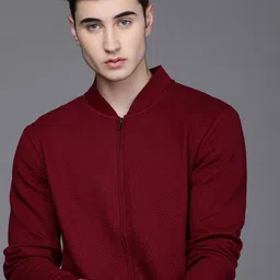 Voi Jeans Men Red Self-Design Cotton Quilted Front-Open Sweatshirt-picture-5