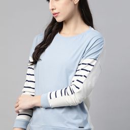 The Roadster Lifestyle Co Women Blue Pure Cotton Solid Extended Sleeves T-shirt-image-98