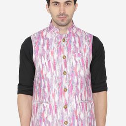 Wintage Men Pink & White Printed Nehru Jacket-29