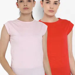appulse Women Pack of 2 Red & Pink Solid Round Neck T-shirt-image-81