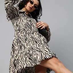 plusS Mighty Beige and Black Animal Printed Tiered Shirt Balloon Dress-image-62
