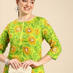 Anouk Women Green & Yellow Floral Printed Pure Cotton A-Line Kurta-image-59