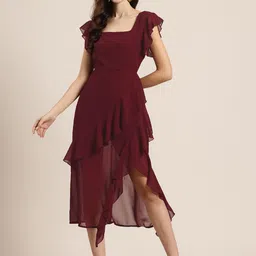HERE&NOW Flutter Sleeves Ruffled Side Slit Fit and Flare Midi Dress-image-31