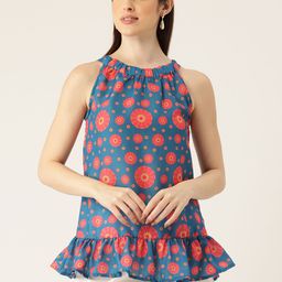 FERANOID Floral Print Halter Neck Linen Peplum Top-picture-18