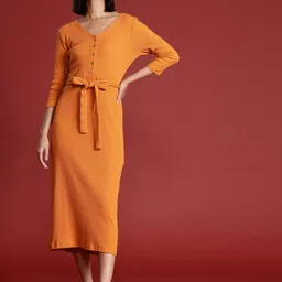 all about you Pure Cotton Ribbed Midi Dress with Belt-image-42