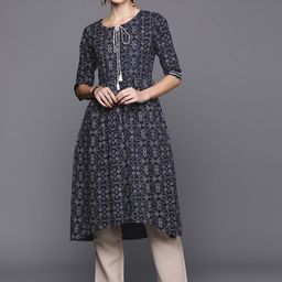 Indo Era Bandhani Foil Printed Tie-Up Neck Indigo Kurta-picture-4