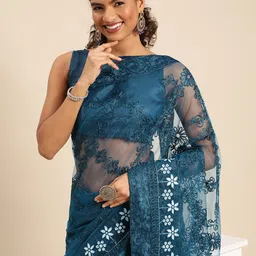 HERE&NOW Ethnic Motifs Embroidered Net Saree-16
