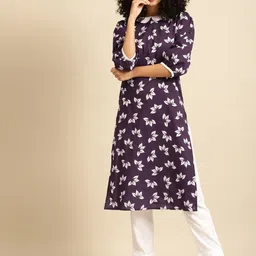 anayna Women Aubergine & White Floral Screen Print Peter-Pan Collar Cotton Fusion Kurta-image-31