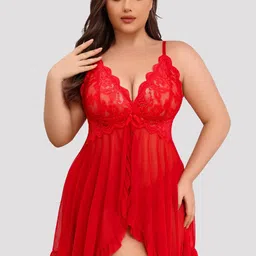 Herryqeal Women Plus Size Self Design Shoulder Straps Asymmetric Lace Baby Doll-picture-18