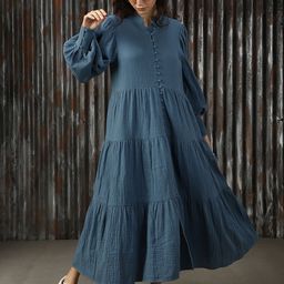 High Star Solid Fit & Flare Cotton Maxi Dress-image-34