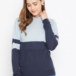 JUMP USA Women Blue Colourblocked Hooded Pullover Sweater-image-49