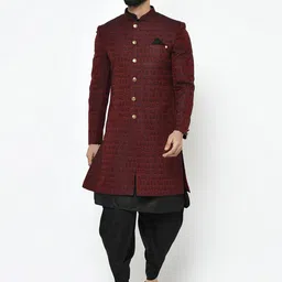 KISAH Maroon and Black Kurta Sherwani Set-image-28
