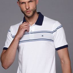 Raymond Men White & Navy Blue Pure Cotton Geometric Printed Polo Collar T-shirt-image-62