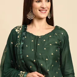 Shaily Green & Golden Zari Embroidered Unstitched Dress Material-image-17