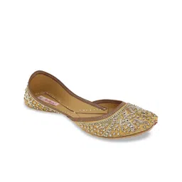 Fulkari Women Gold-Toned Embellished Leather Mojaris-image-55