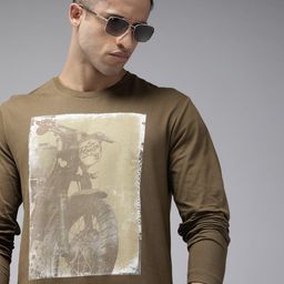 Roadster Men Olive Green Printed Pure Cotton T-shirt-image-55