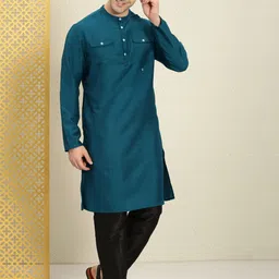 House of Pataudi Men Solid Band Collar Rozana Kurta-picture-43